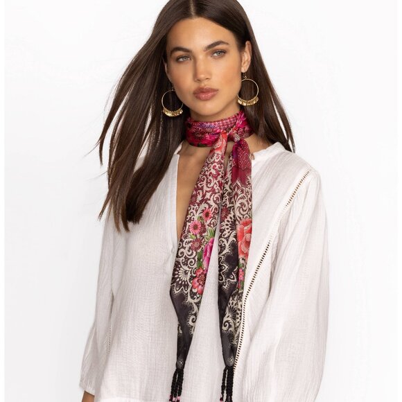 Johnny Was Pink Lace Silk Scarf Square Large Bold Floral Black Flower Tassels NW - Picture 3 of 6